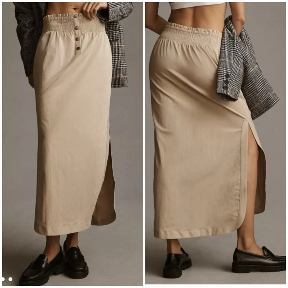 By Anthropologie Smocked Skirt Tan Maxi Midi Pull On Khaki Side Slit Pocket XL